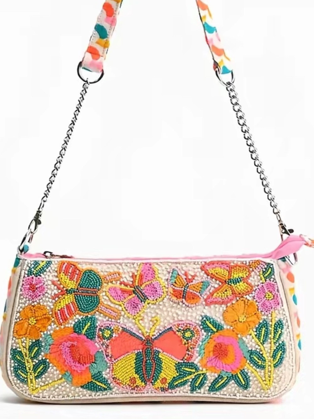 Embroidered Beaded Butterfly Crossbody Bag - Pink Multicolor Accent